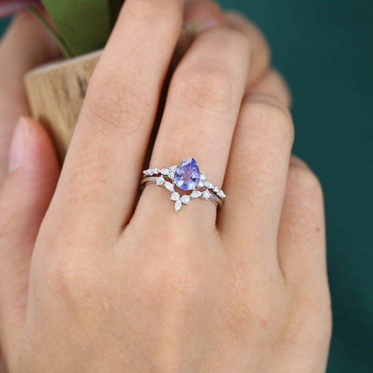 1CT Pear Cut Tanzanite Engagement Ring Set with Marquise & Round Cluster Accents