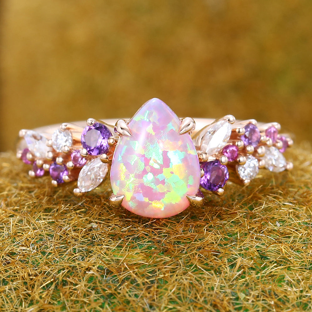 Pear Shaped Pink Opal Engagement Ring with Multi-Stone Cluster