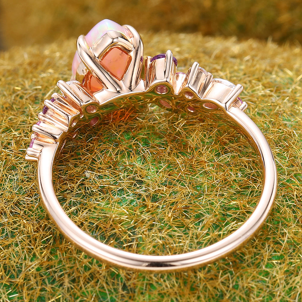 Pear Shaped Pink Opal Engagement Ring with Multi-Stone Cluster