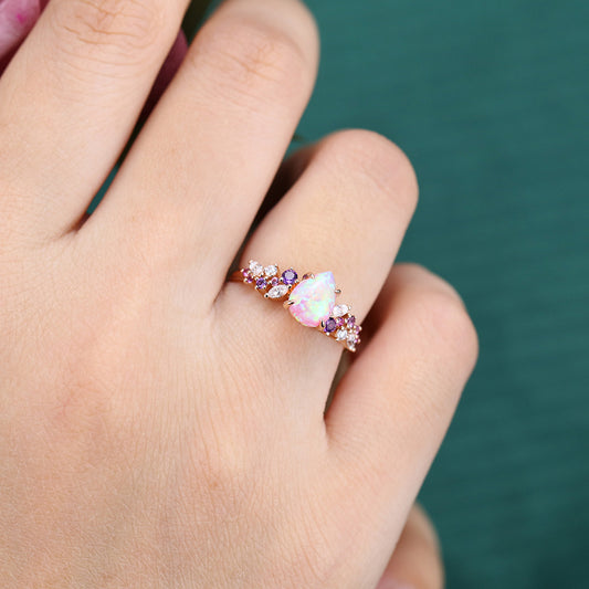 Pear Shaped Pink Opal Engagement Ring with Multi-Stone Cluster