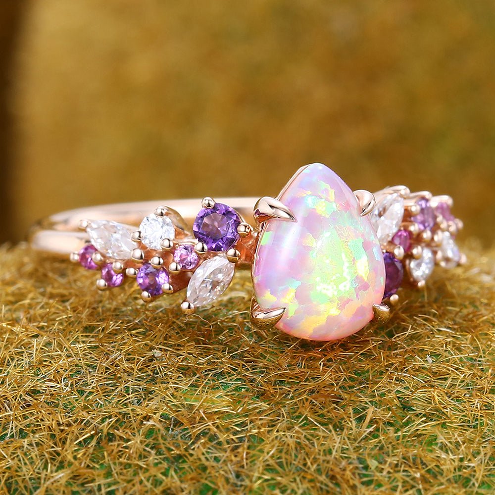 Pear Shaped Pink Opal Engagement Ring with Multi-Stone Cluster