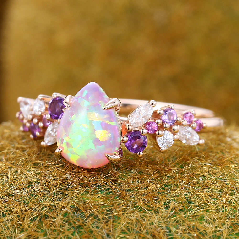 Pear Shaped Pink Opal Engagement Ring with Multi-Stone Cluster