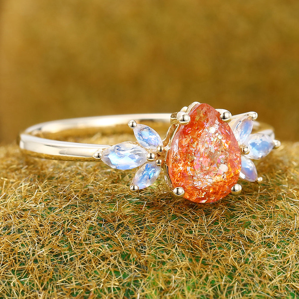 Pear Cut Sunstone Engagement Ring with Moonstone Cluster