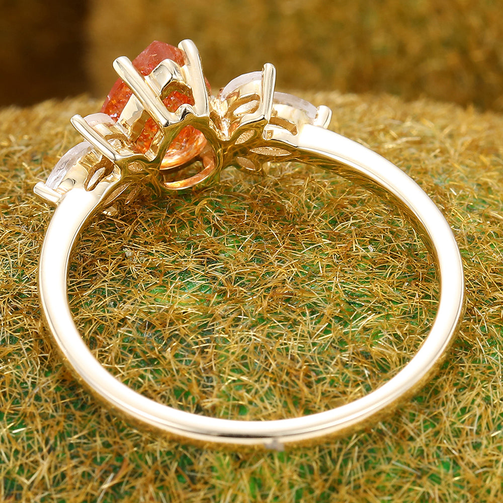 Pear Cut Sunstone Engagement Ring with Moonstone Cluster