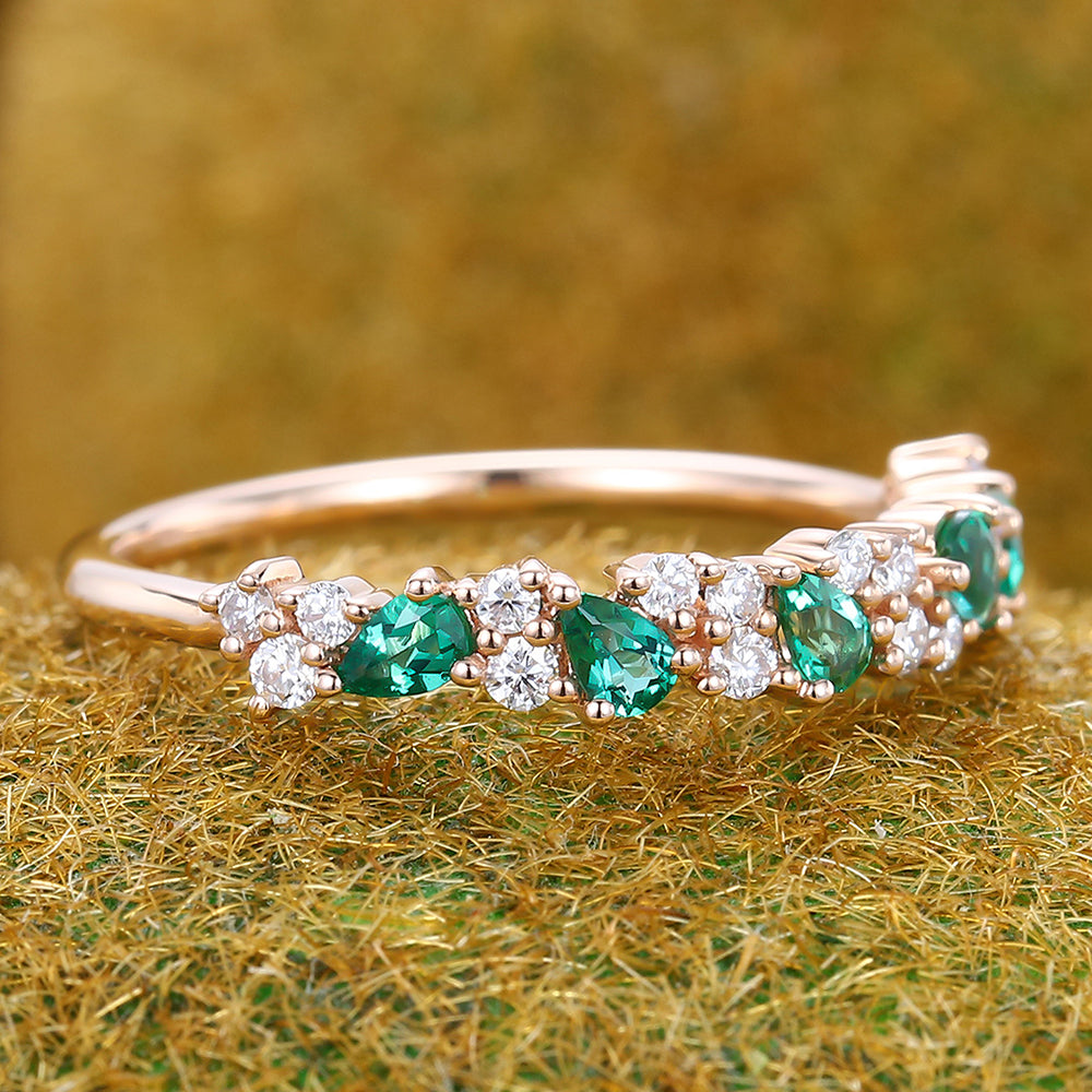Half Eternity Pear Emerald Wedding Band Bridal Matching Stackable Ring