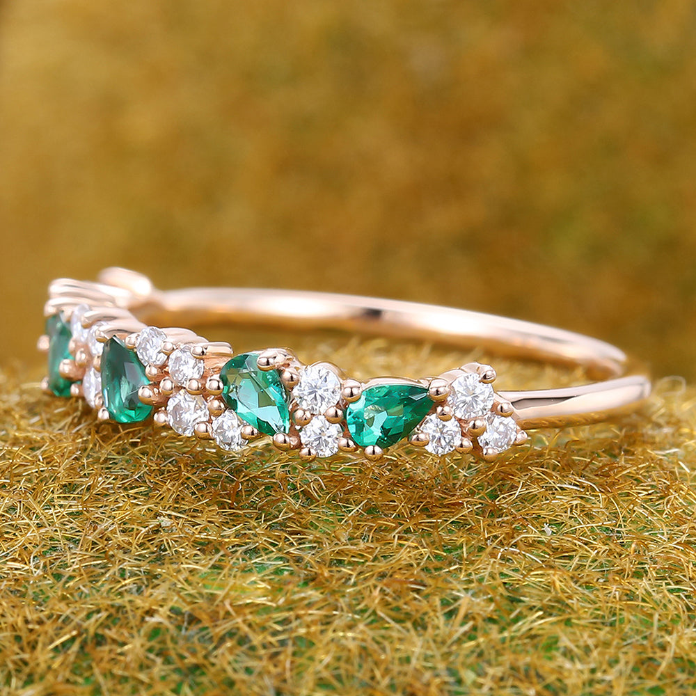 Half Eternity Pear Emerald Wedding Band Bridal Matching Stackable Ring