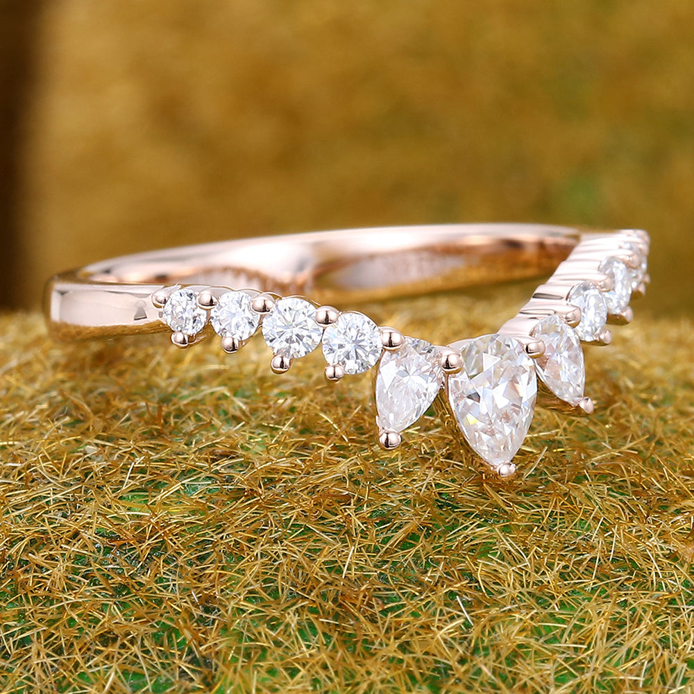 Pear Moissanite Curved Wedding Band Half Eternity Stackable Bridal Ring