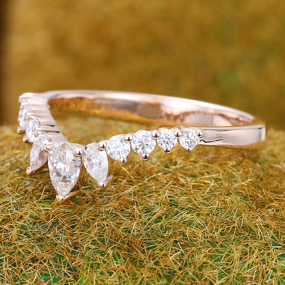 Pear Moissanite Curved Wedding Band Half Eternity Stackable Bridal Ring