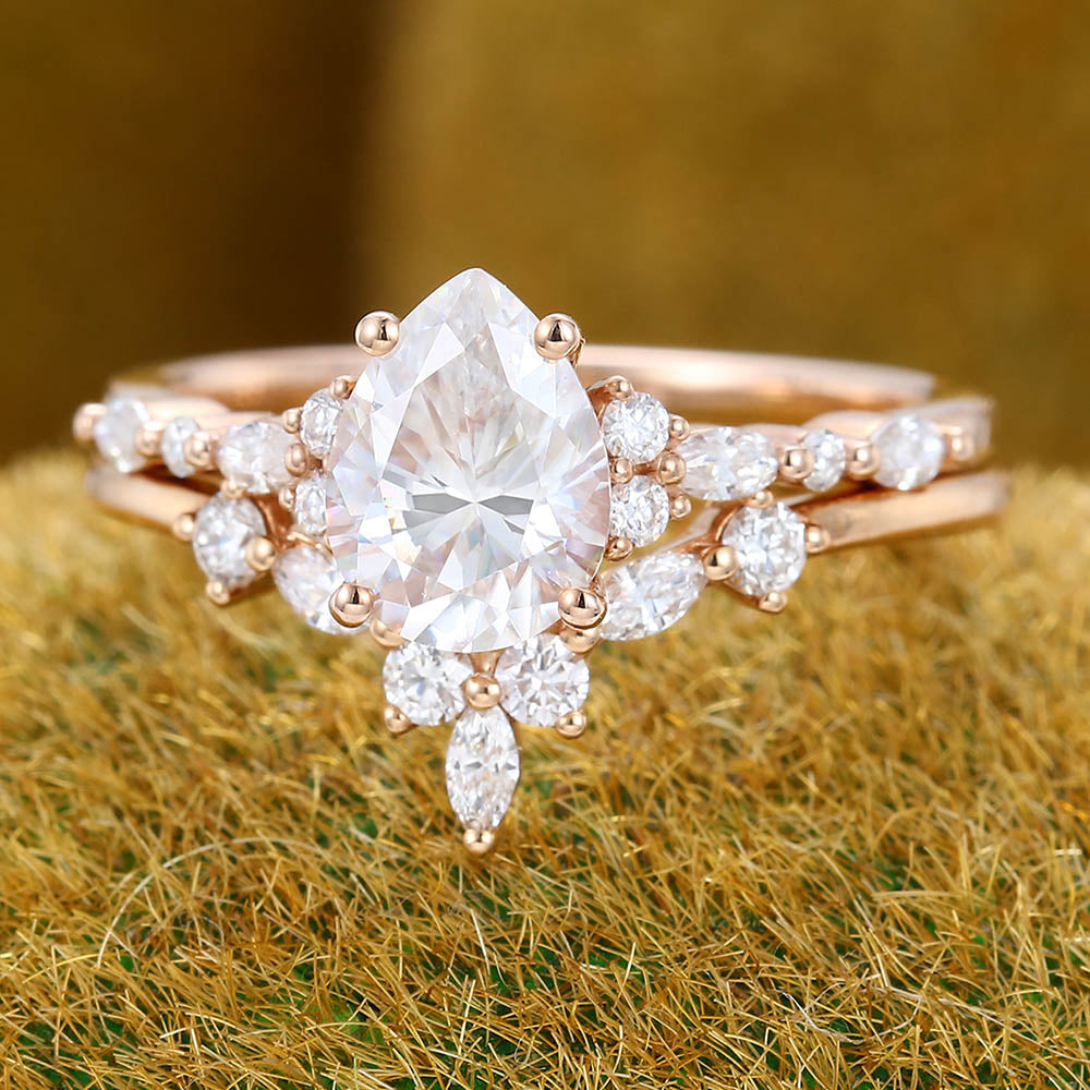 Pear Moissanite engagement ring set vintage Unique rose gold bridal set Antique Marquise Diamond ring set Promise Anniversary ring for women