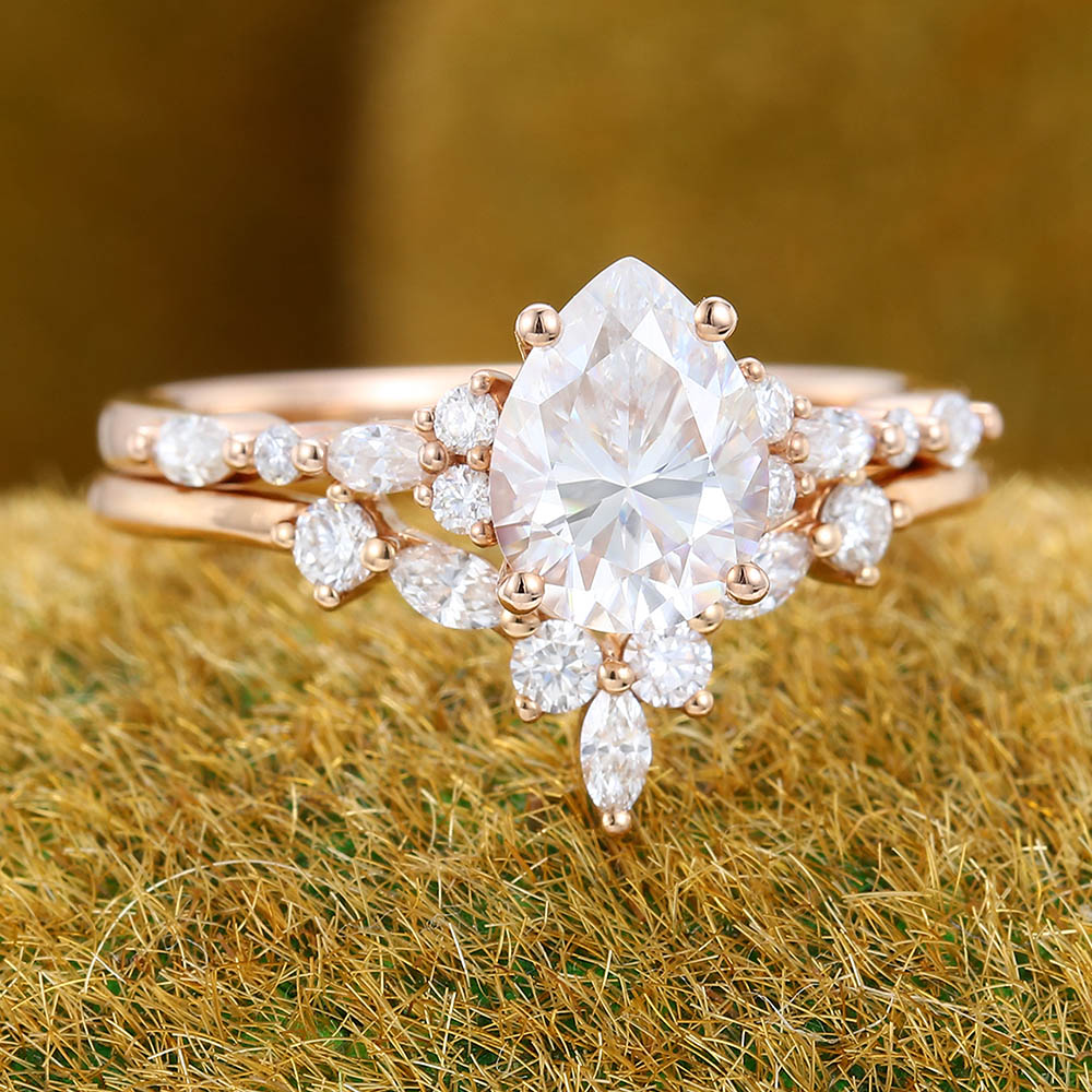 Pear Moissanite engagement ring set vintage Unique rose gold bridal set Antique Marquise Diamond ring set Promise Anniversary ring for women