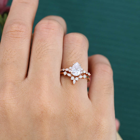 Pear Moissanite engagement ring set vintage Unique rose gold bridal set Antique Marquise Diamond ring set Promise Anniversary ring for women