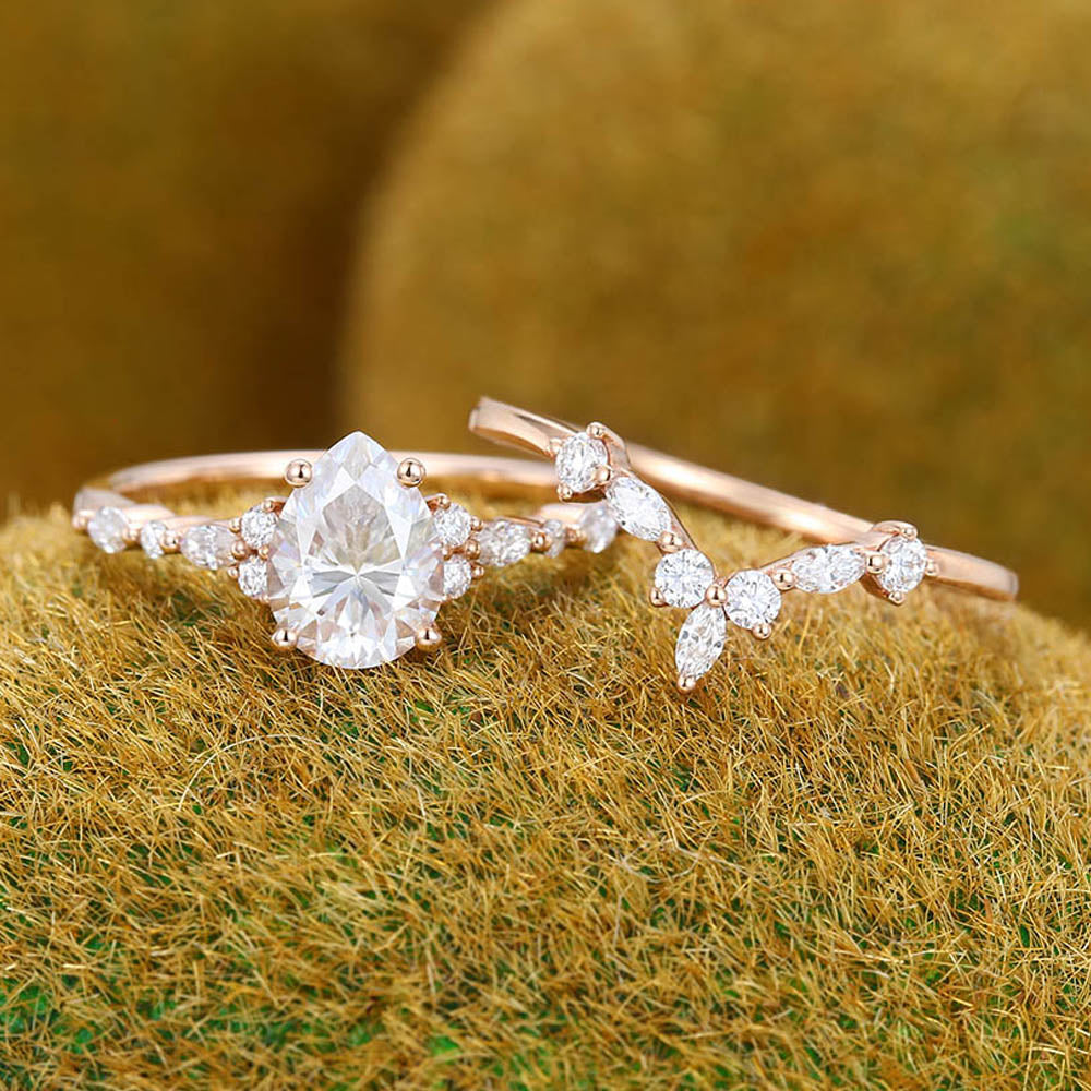 Pear Moissanite engagement ring set vintage Unique rose gold bridal set Antique Marquise Diamond ring set Promise Anniversary ring for women