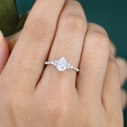 Pear Moissanite engagement ring vintage Unique white gold engagement ring Marquise Diamond Cluster ring Art deco Promise Anniversary ring
