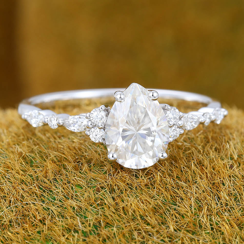 Pear Moissanite engagement ring vintage Unique white gold engagement ring Marquise Diamond Cluster ring Art deco Promise Anniversary ring