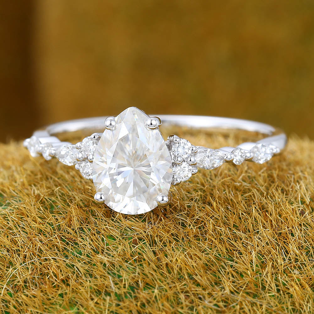 Pear Moissanite engagement ring vintage Unique white gold engagement ring Marquise Diamond Cluster ring Art deco Promise Anniversary ring
