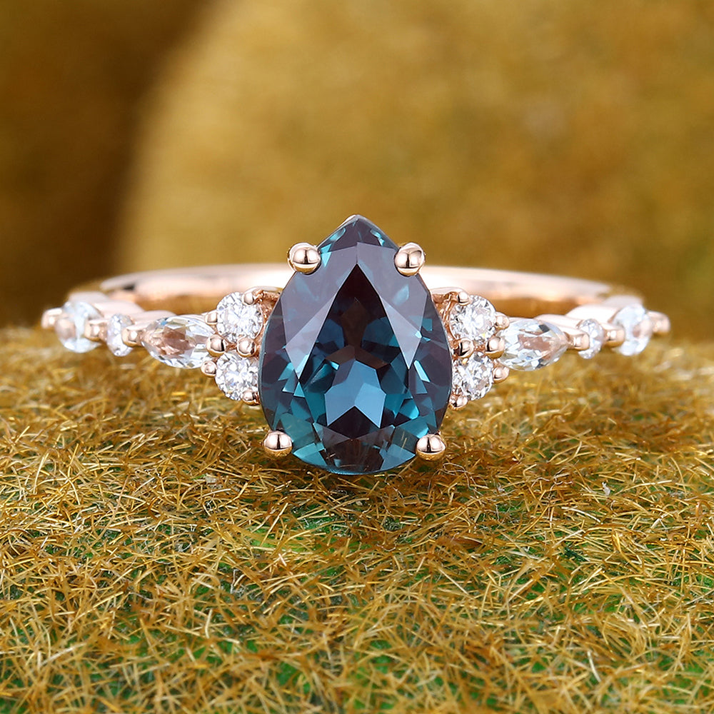 Pear Shape Alexandrite Engagement Ring with Moissanite Cluster Accents