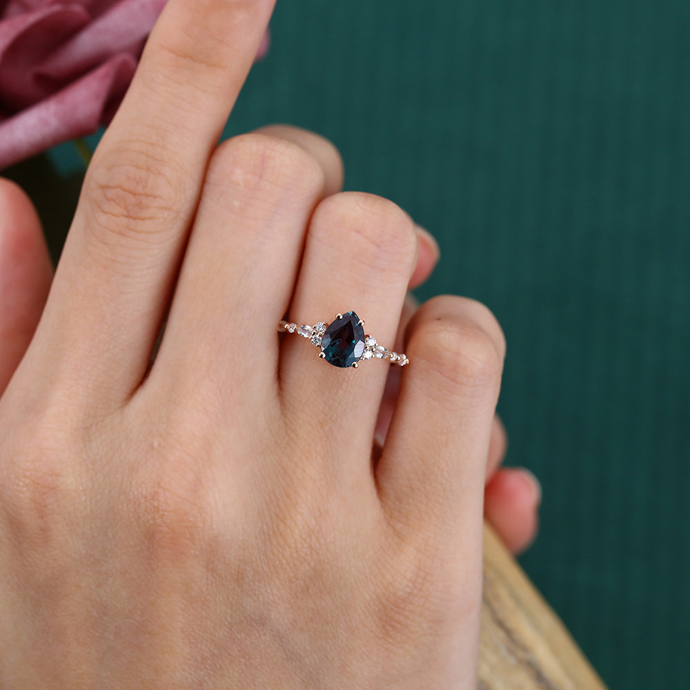 Pear Shape Alexandrite Engagement Ring with Moissanite Cluster Accents