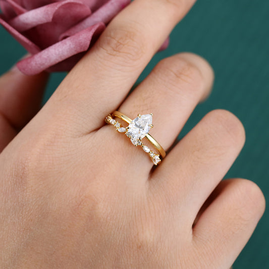 Pear Shape Moissanite Engagement Ring Set Classic Bridal Ring Set 2PCS