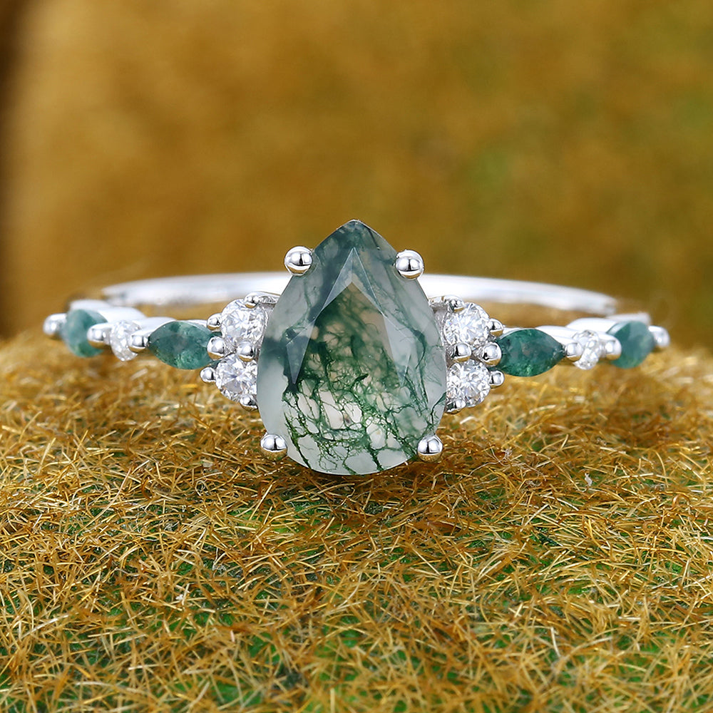 Pear Shape Moss Agate Engagement Ring with Moss Agate & Moissanite Cluster