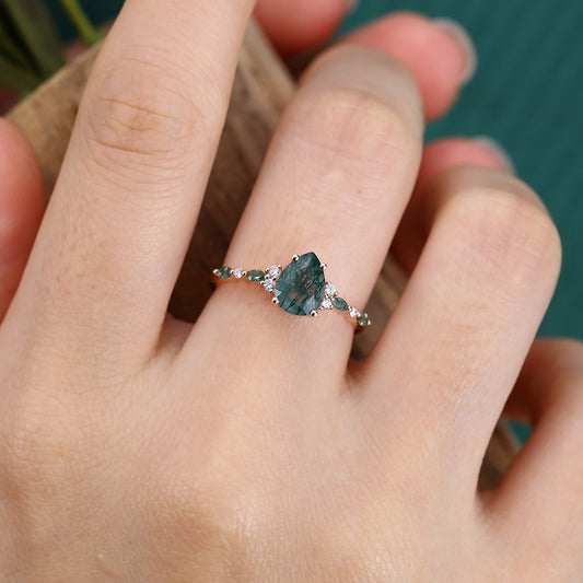 Pear Shape Moss Agate Engagement Ring with Moss Agate & Moissanite Cluster