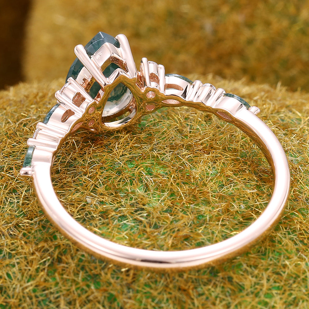 Pear Shape Moss Agate Engagement Ring with Moss Agate & Moissanite Cluster