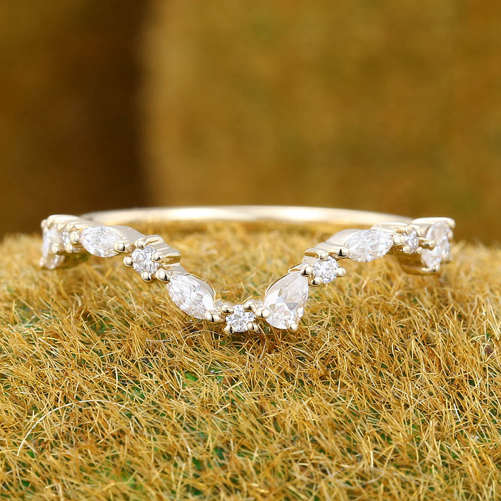 Pear shaped Moissanite wedding band Unique yellow gold Curved wedding band Vintage marquise Diamond band Bridal Matching Stacking band