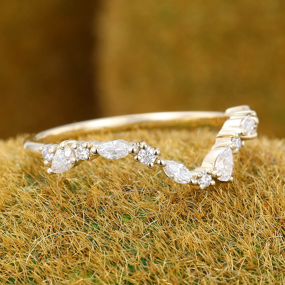 Pear shaped Moissanite wedding band Unique yellow gold Curved wedding band Vintage marquise Diamond band Bridal Matching Stacking band