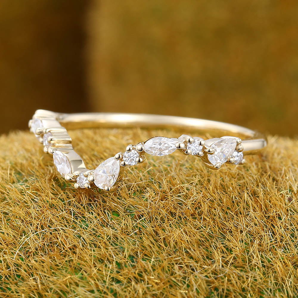 Pear shaped Moissanite wedding band Unique yellow gold Curved wedding band Vintage marquise Diamond band Bridal Matching Stacking band