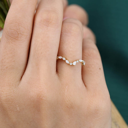 Pear shaped Moissanite wedding band Unique yellow gold Curved wedding band Vintage marquise Diamond band Bridal Matching Stacking band