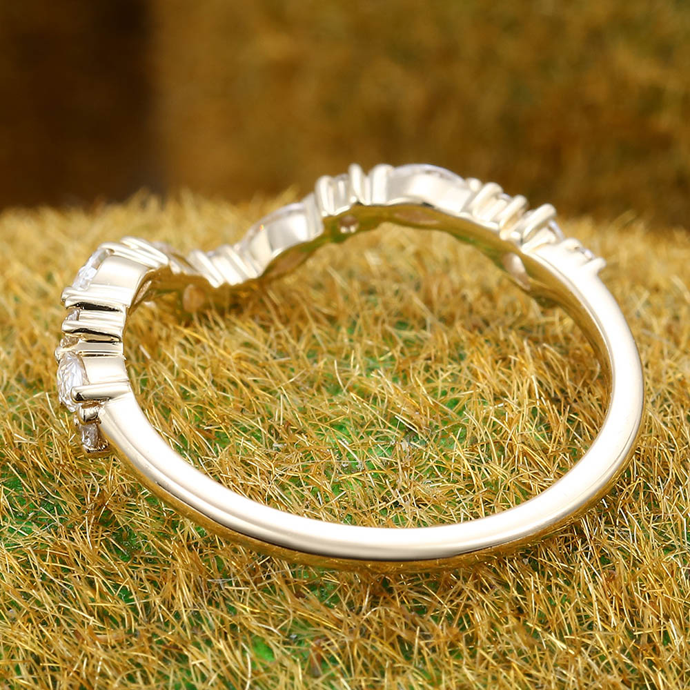 Pear shaped Moissanite wedding band Unique yellow gold Curved wedding band Vintage marquise Diamond band Bridal Matching Stacking band