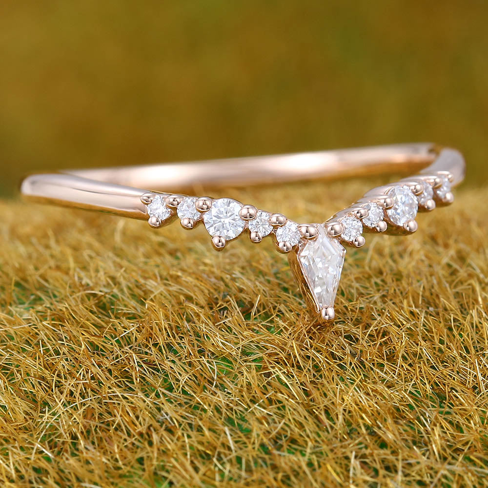 Petite Kite & Round Moissanite Curved Wedding Band Delicate Bridal Matching & Stacking Ring