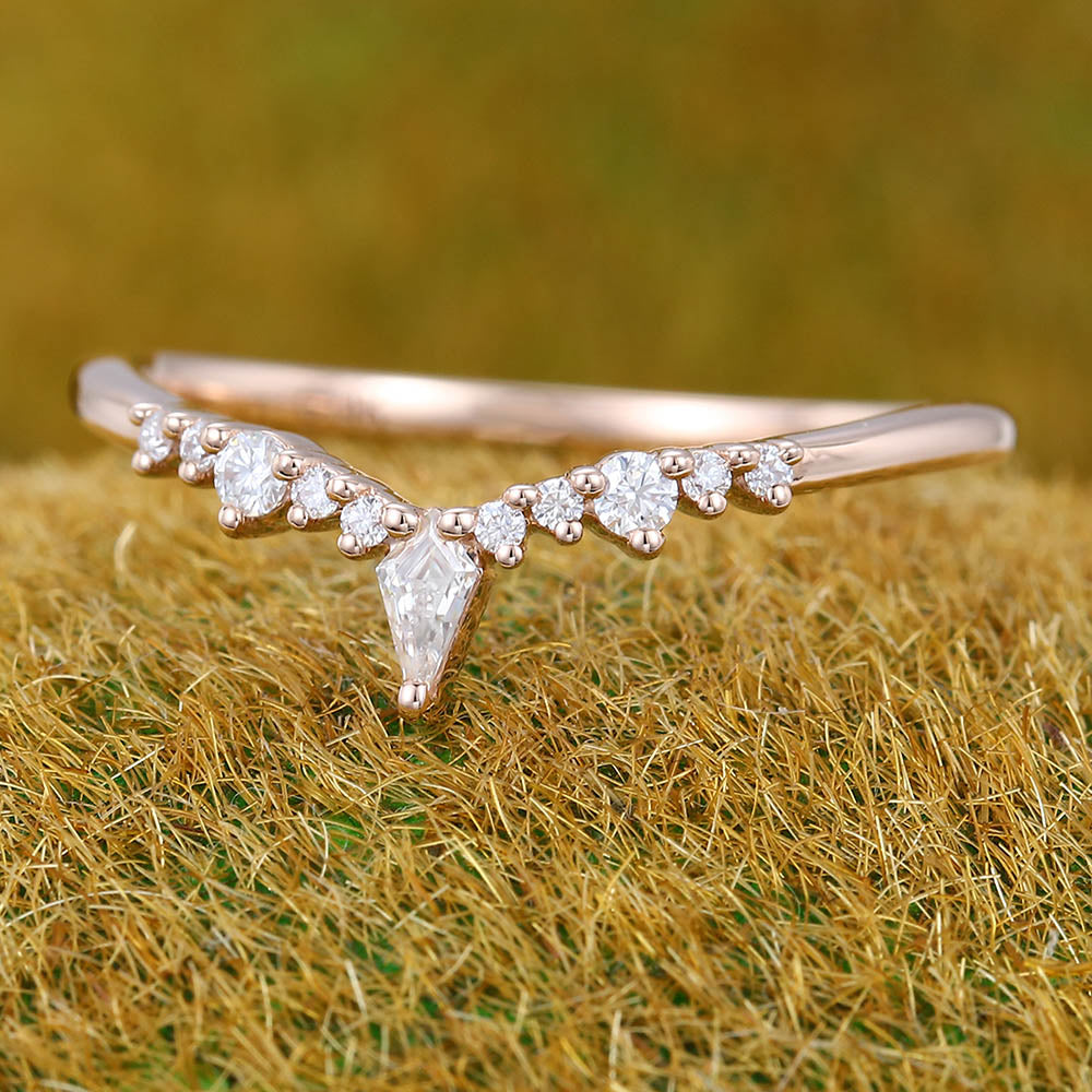 Petite Kite & Round Moissanite Curved Wedding Band Delicate Bridal Matching & Stacking Ring