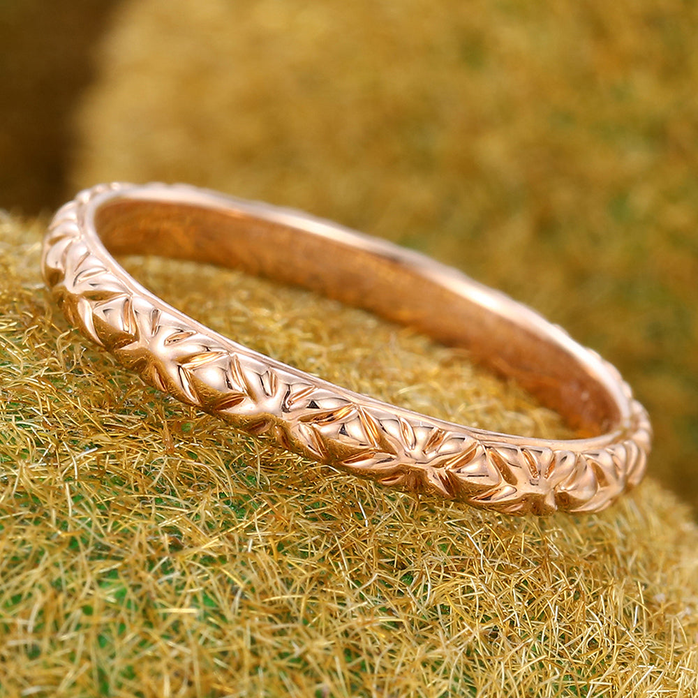 Rose Gold Solid Wedding Band Vintage Engraved Ring