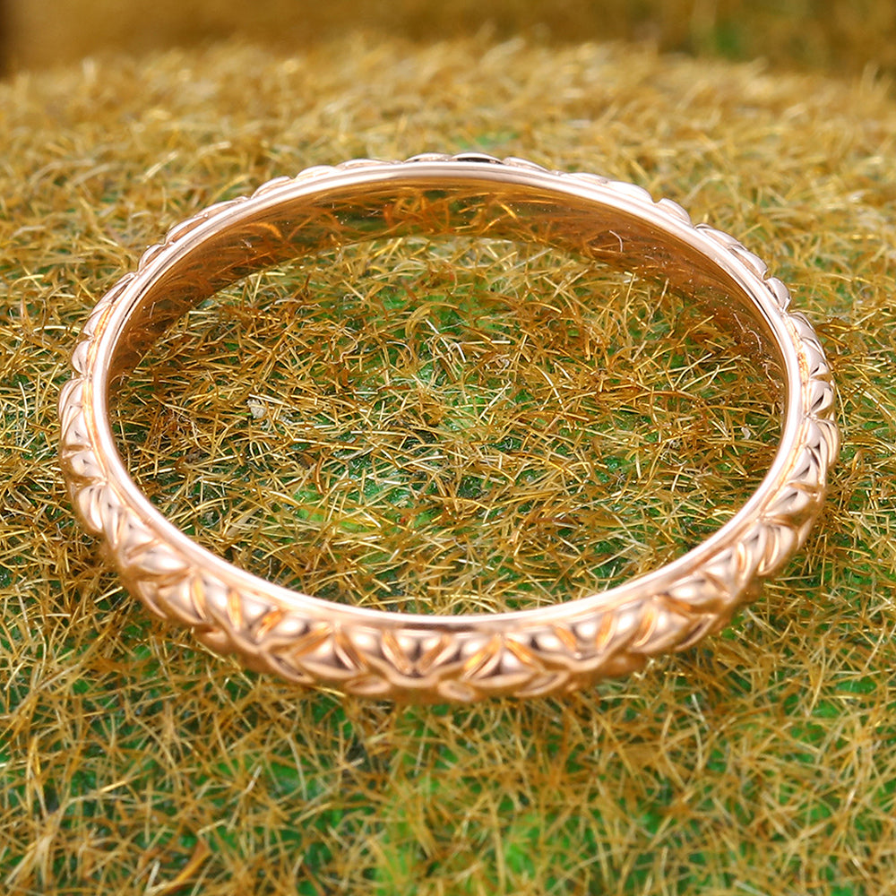 Rose Gold Solid Wedding Band Vintage Engraved Ring