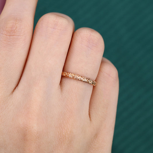 Rose Gold Solid Wedding Band Vintage Engraved Ring