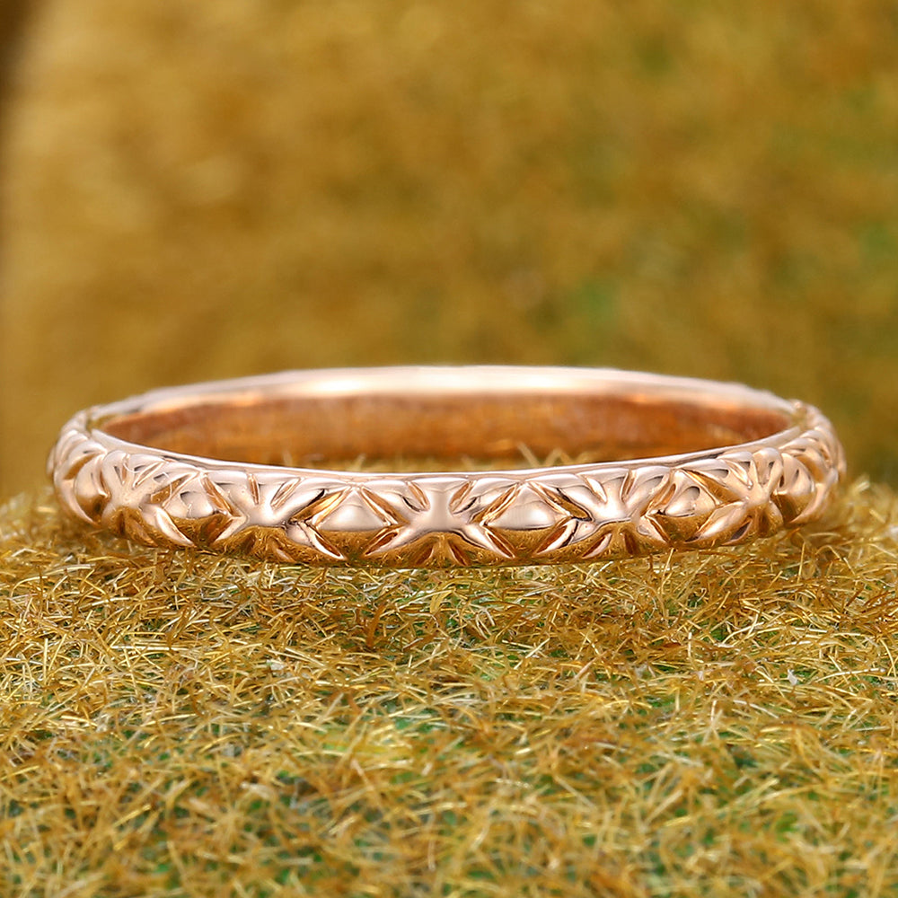 Rose Gold Solid Wedding Band Vintage Engraved Ring