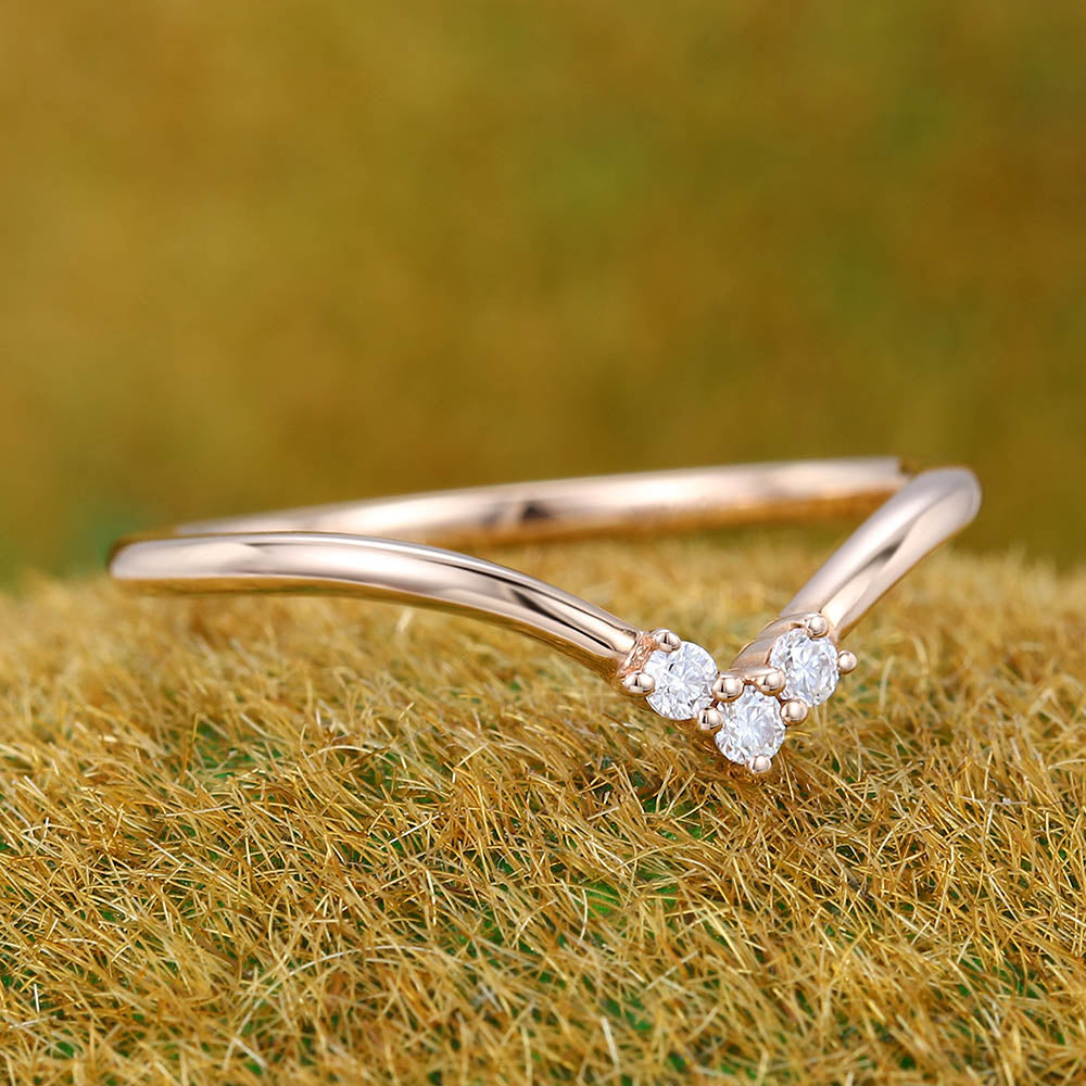 Petite Round Moissanite Curved Wedding Band Bridal Stacking Ring