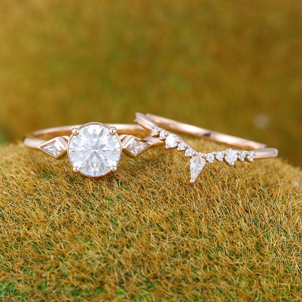 1CT Round Cut Moissanite Engagement Ring Set with Petite Moissanite Accents