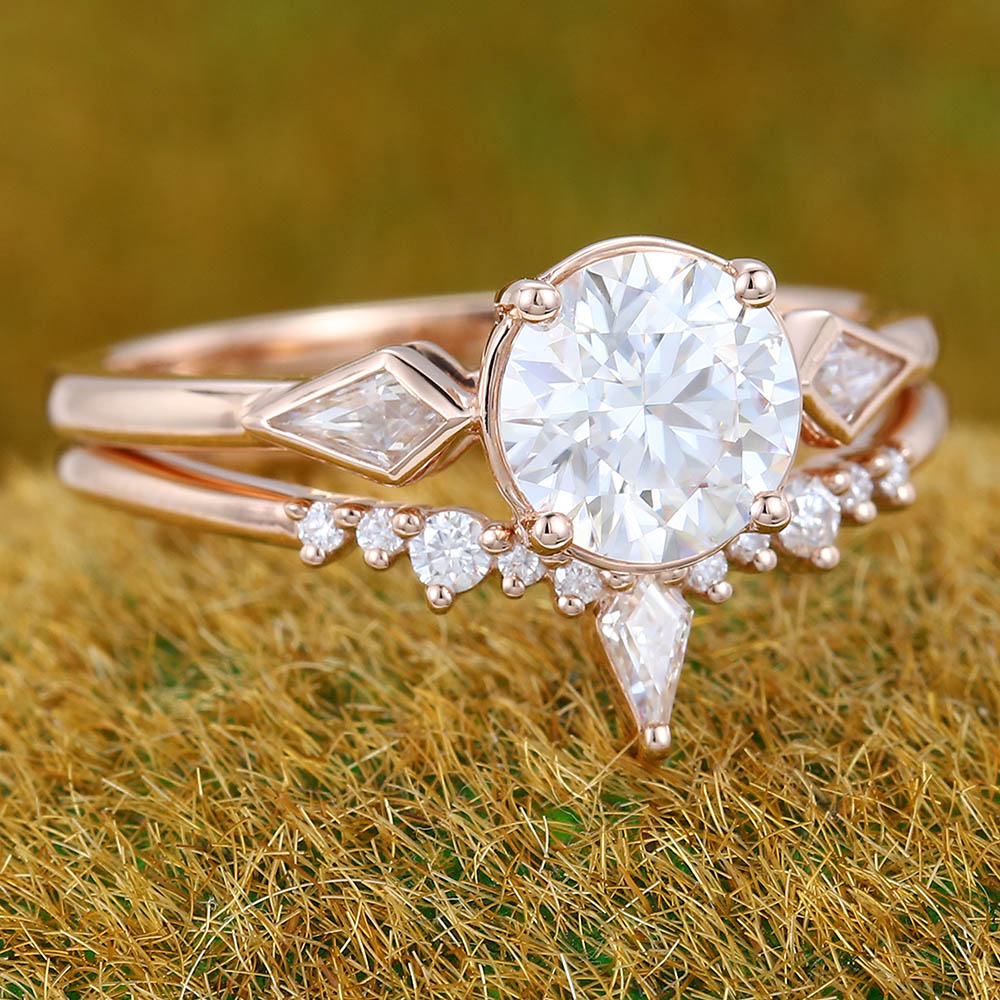 1CT Round Cut Moissanite Engagement Ring Set with Petite Moissanite Accents