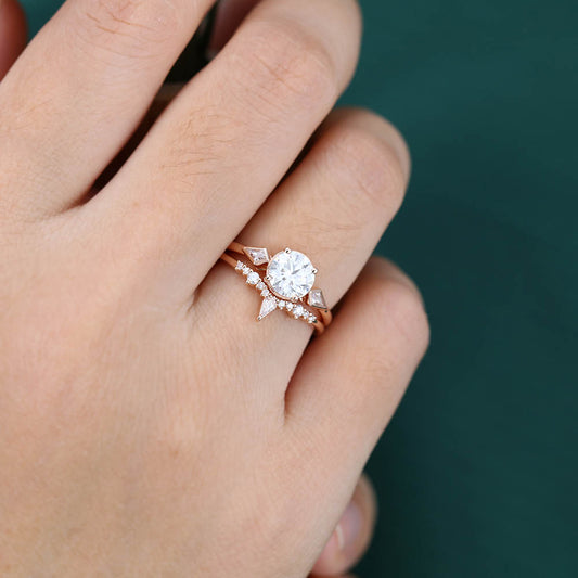 1CT Round Cut Moissanite Engagement Ring Set with Petite Moissanite Accents