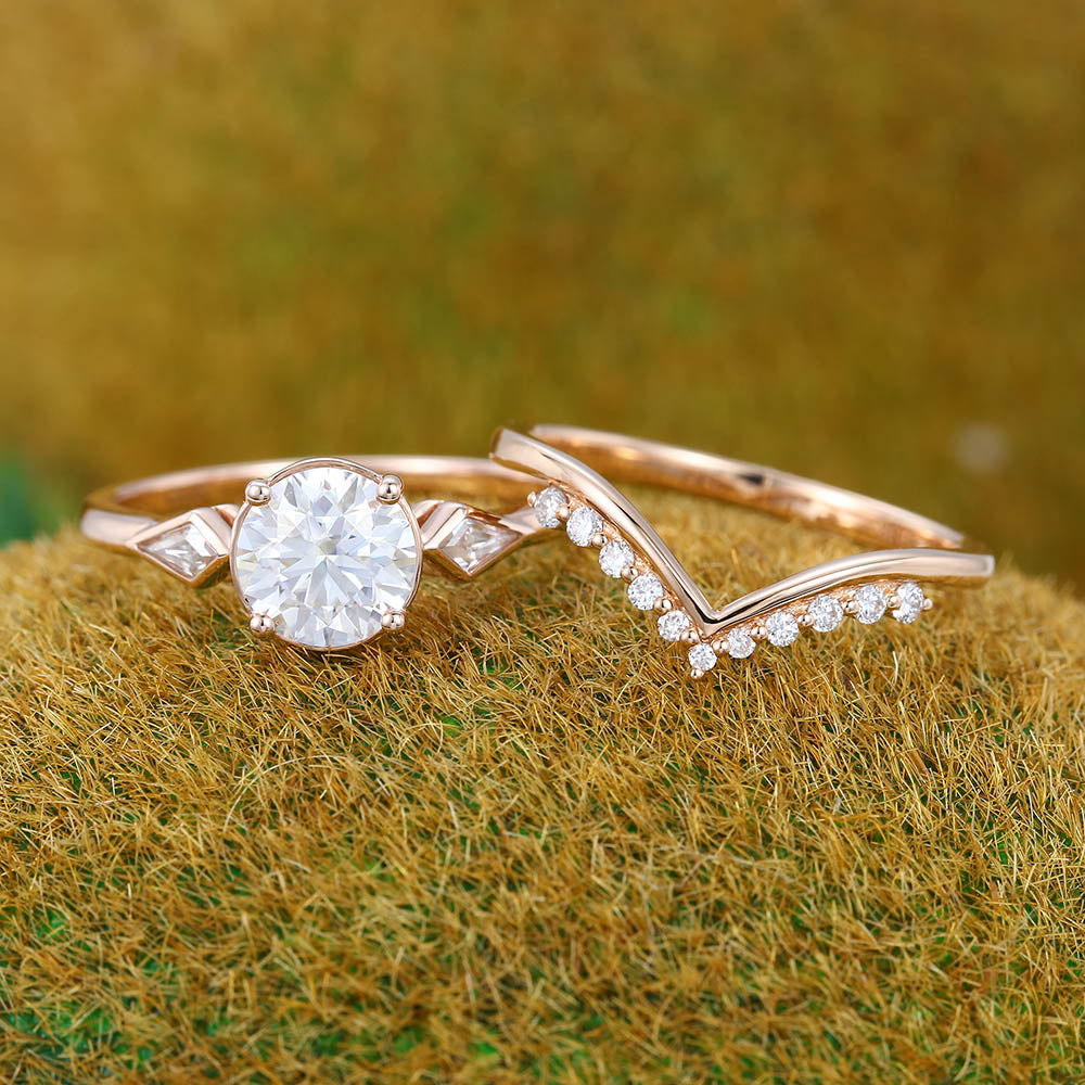 1CT Round Cut Moissanite Engagement Ring Set with Petite Round Moissanite Accent Bridal Band