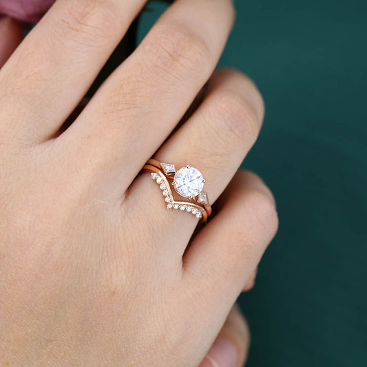 1CT Round Cut Moissanite Engagement Ring Set with Petite Round Moissanite Accent Bridal Band