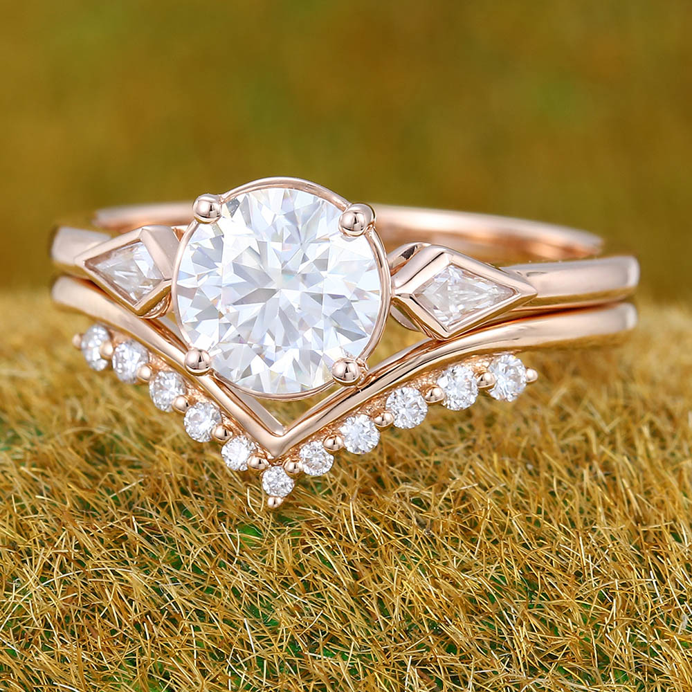 1CT Round Cut Moissanite Engagement Ring Set with Petite Round Moissanite Accent Bridal Band
