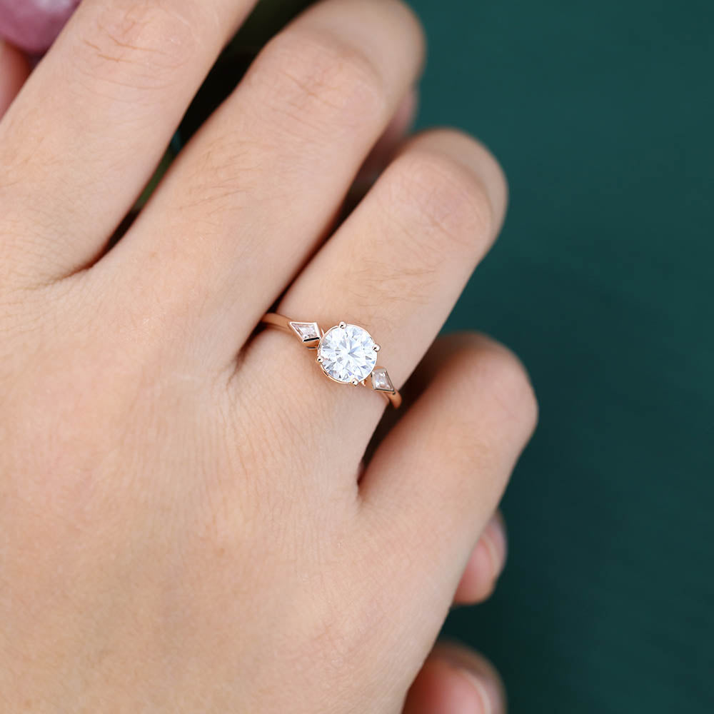 1CT Round Cut Moissanite Engagement Ring with Kite Accents Promise Ring