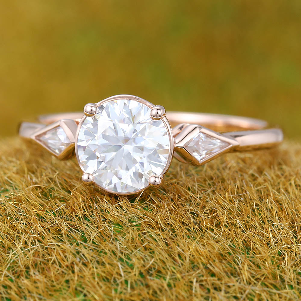 1CT Round Cut Moissanite Engagement Ring with Kite Accents Promise Ring