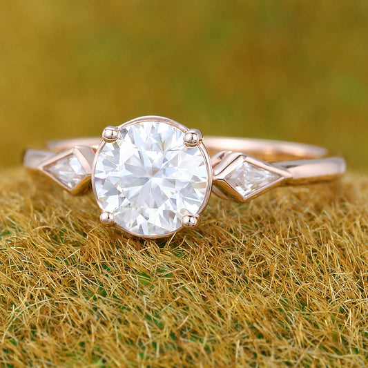 1CT Round Cut Moissanite Engagement Ring with Kite Accents Promise Ring