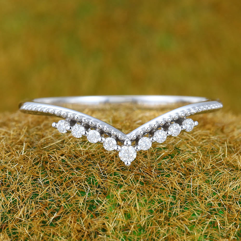 Petite Round Moissanite Curved Wedding Band with Milgrain Detailing