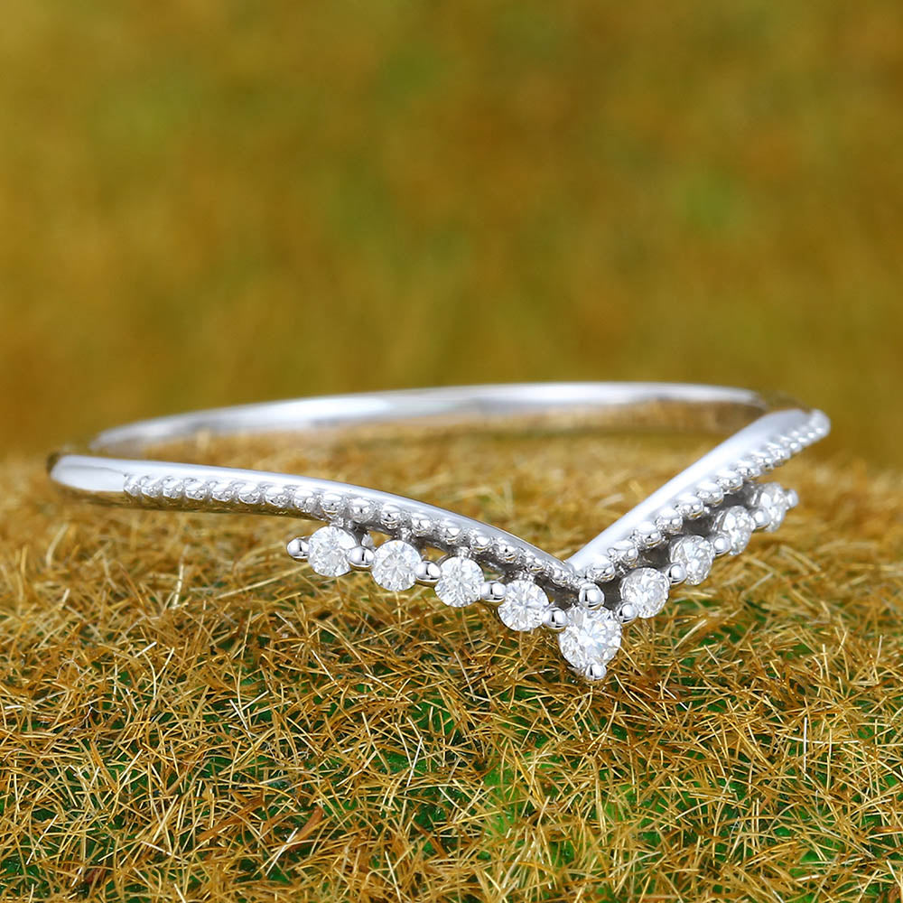 Petite Round Moissanite Curved Wedding Band with Milgrain Detailing