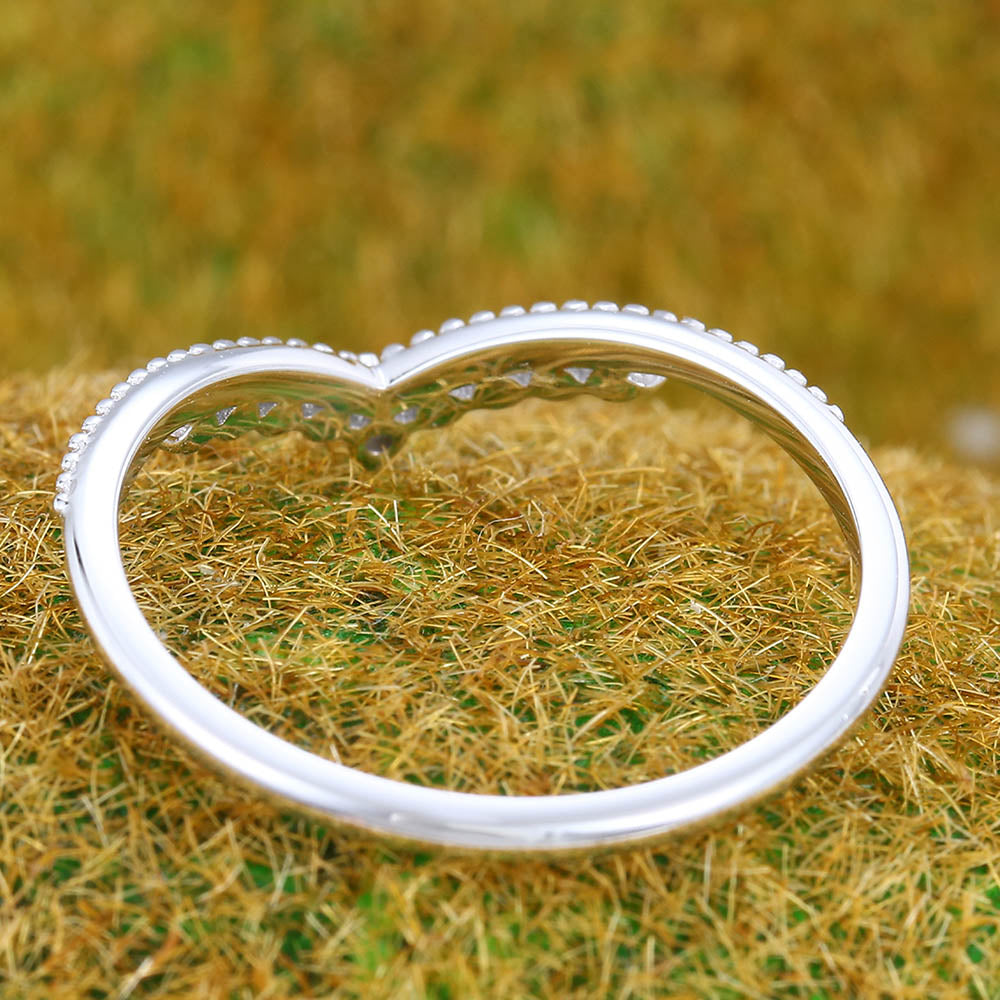 Petite Round Moissanite Curved Wedding Band with Milgrain Detailing