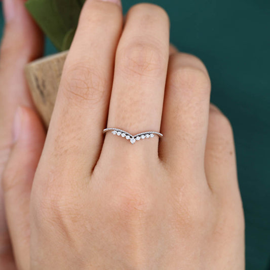 Petite Round Moissanite Curved Wedding Band with Milgrain Detailing